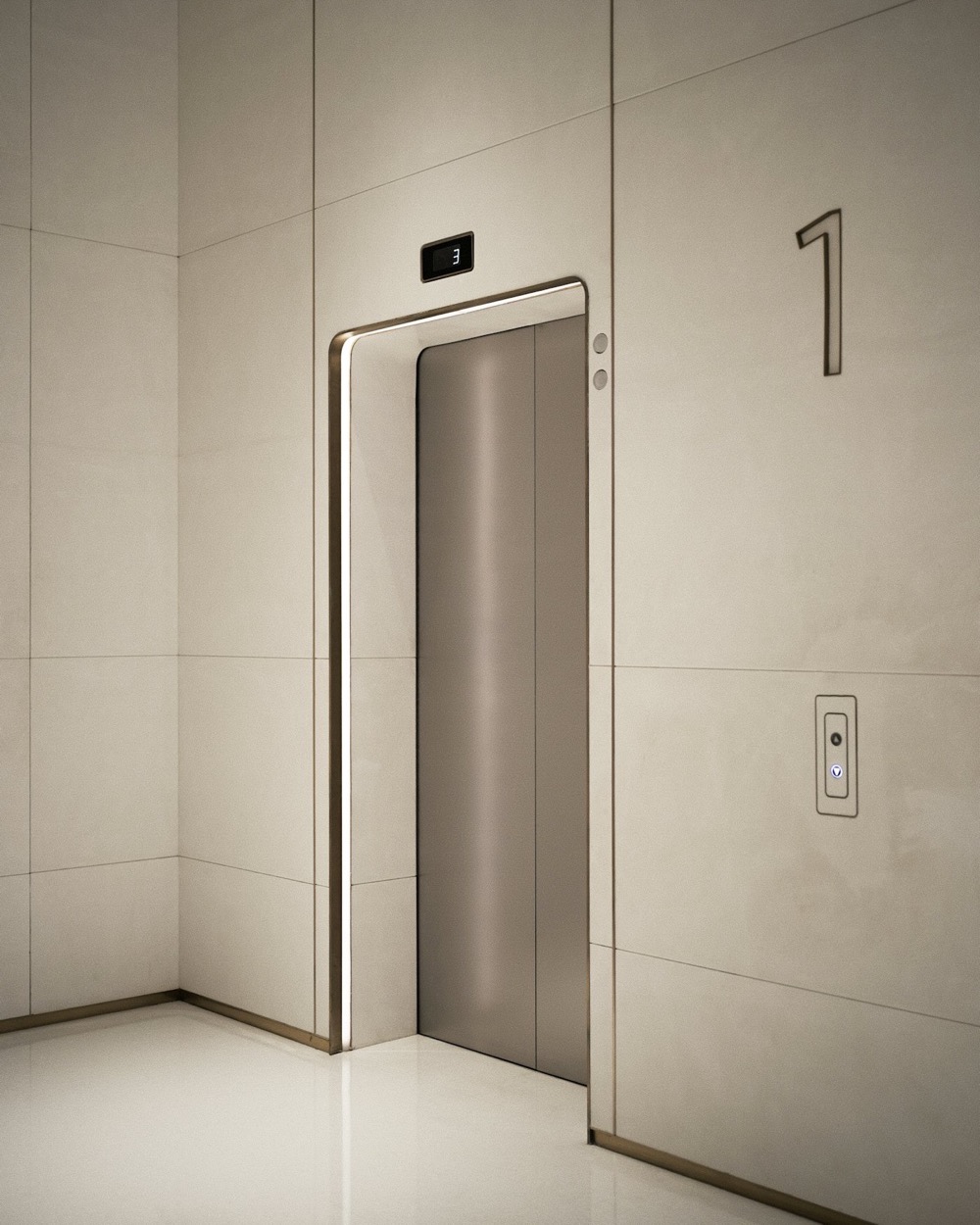 Bright, elegant lift entrance with soft lighting